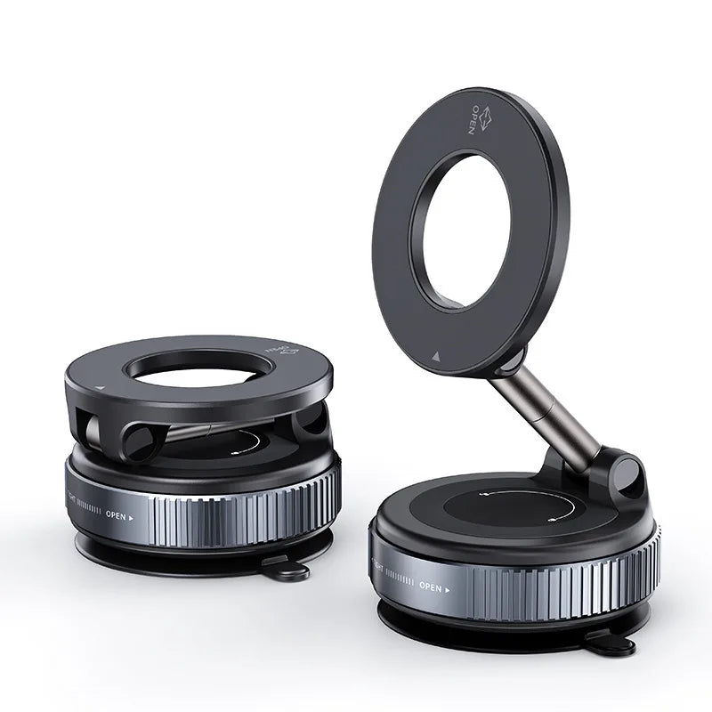 Black magnetic phone stand, ring light close-up, adjustable arm, multi-functional lighting accessory.