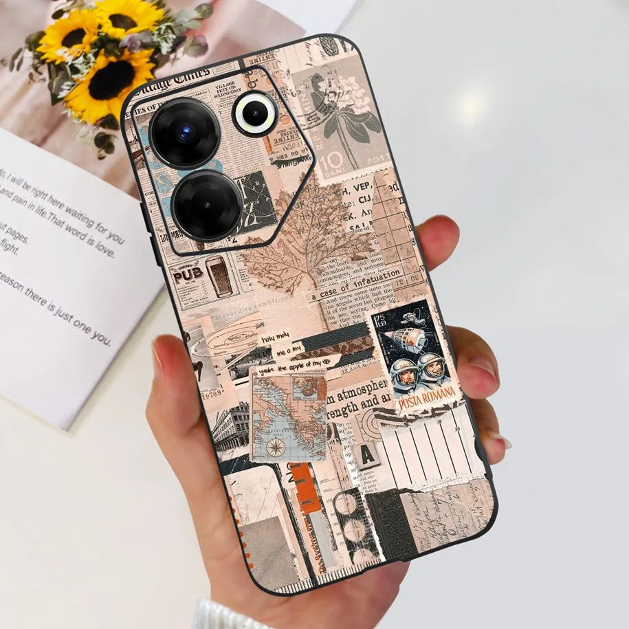 Phone case with vintage collage design background.