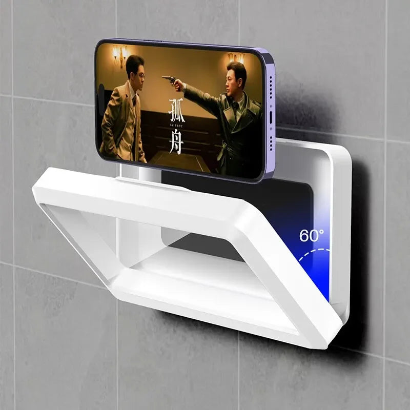 Phone holder with a phone displaying a movie scene on a gray tiled wall.