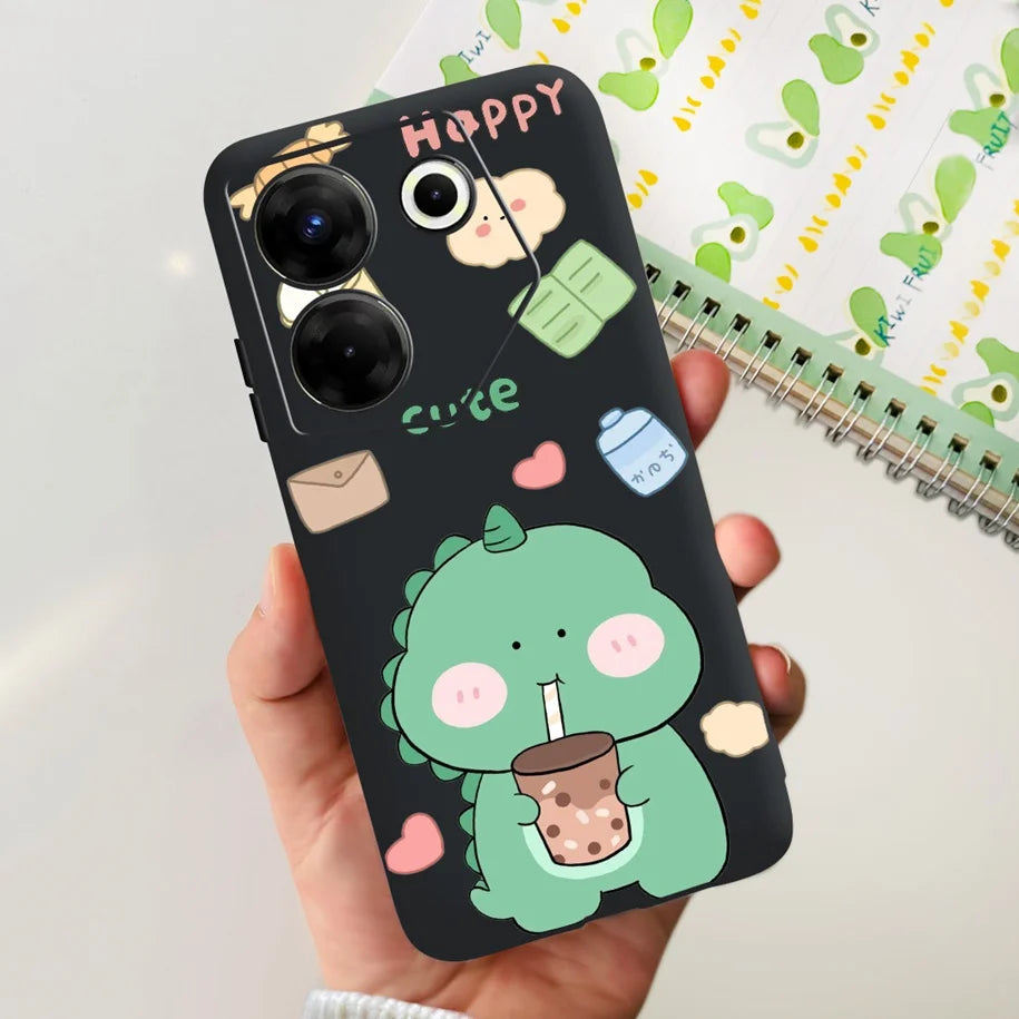 Phone case with a green dinosaur design holding a drink