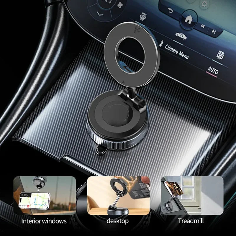 Black magnetic phone stand with ring light, adjustable arm, multi-functional, car dashboard mount.