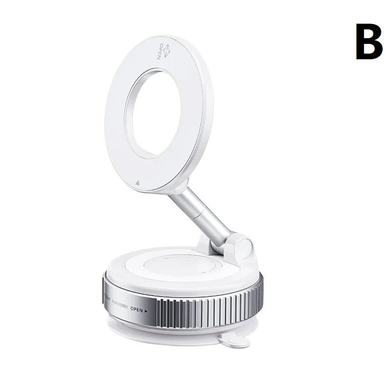 White magnetic phone stand with ring light, adjustable arm, multi-functional, portable folded look.