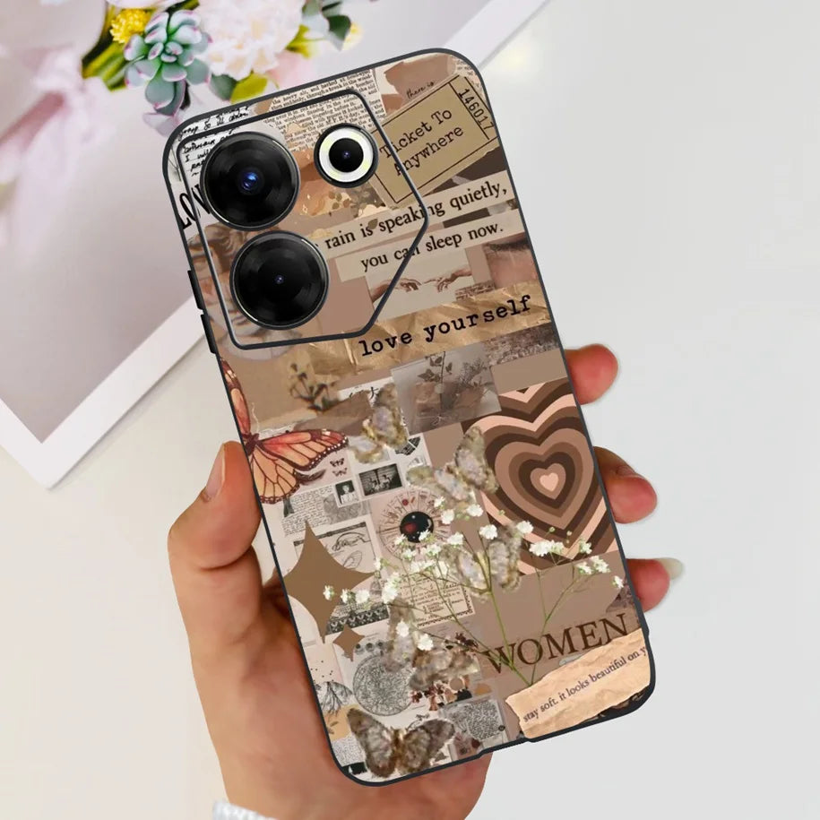 Phone case with collage design held by a hand on a light background