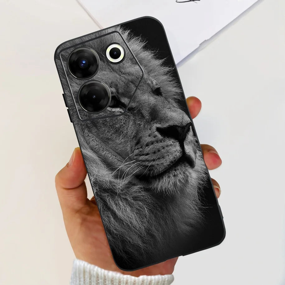 Phone case with a black and white lion design held by a hand on a light background