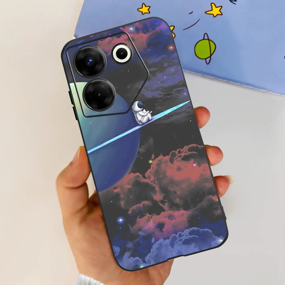 Phone case with space design held by a hand, with a colorful background