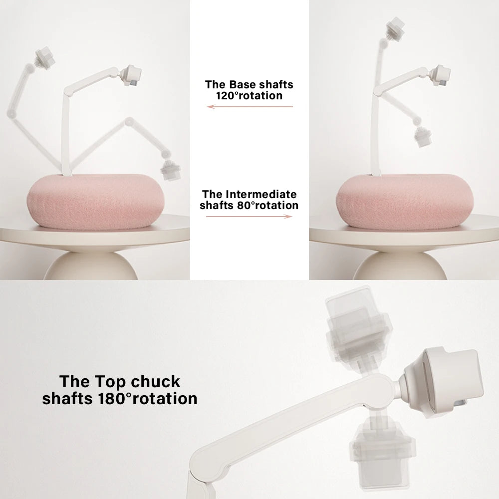 Collage of a pink object with white base and top components, showing rotation angles.