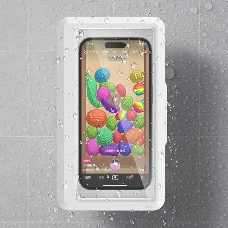 Phone with colorful app interface inside a waterproof case on a wet surface