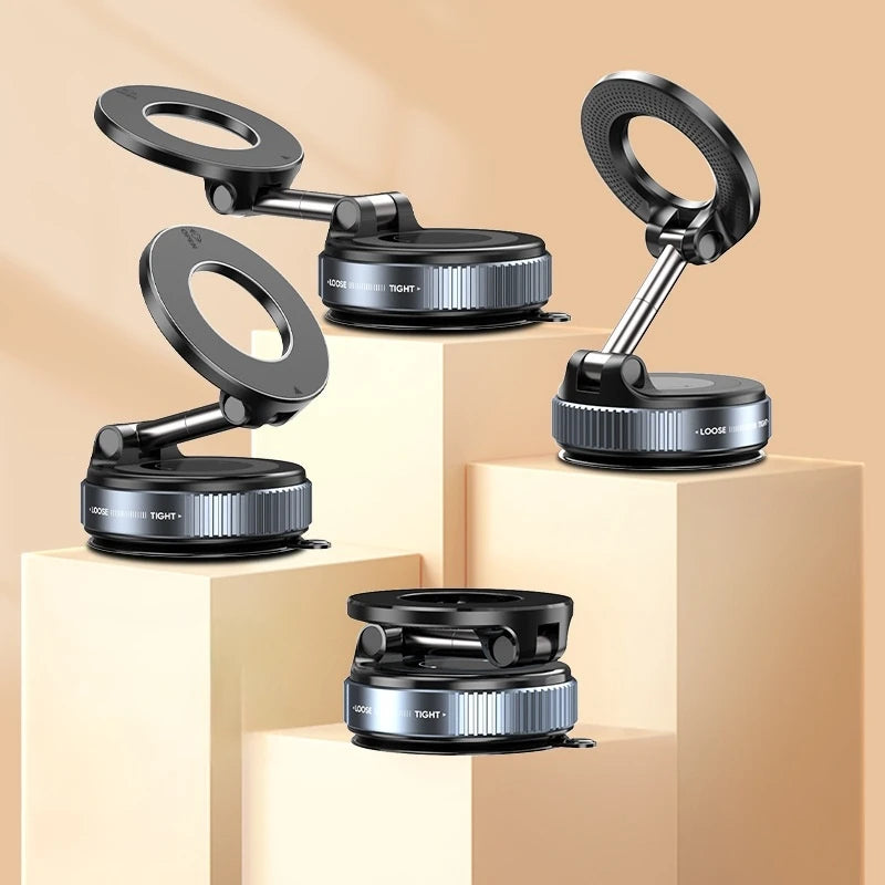 White magnetic phone stand, ring light close-up, adjustable arm, multi-functional lighting tool.