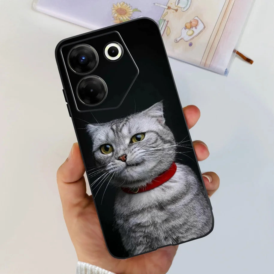 Black Samsung cover with cute black cat illustration, held in hand.