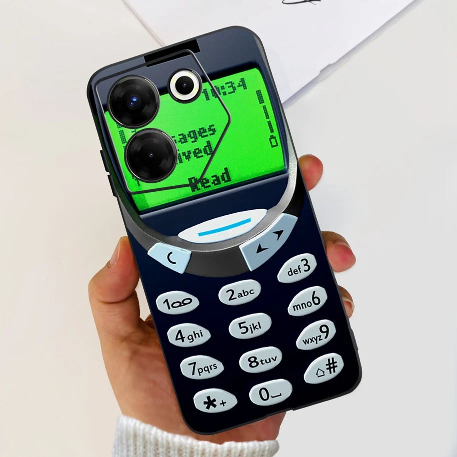 Black Samsung cover with retro Nokia phone graphic, held in hand.