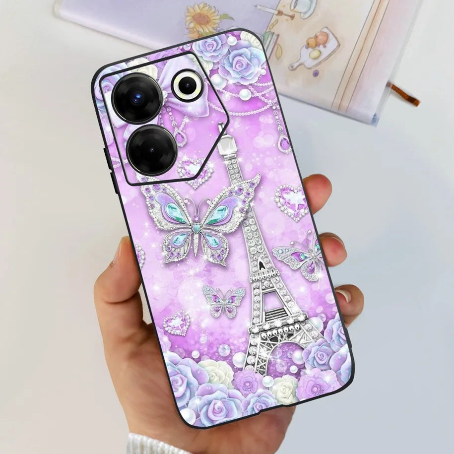 Phone case with Eiffel Tower and butterfly design held by a hand