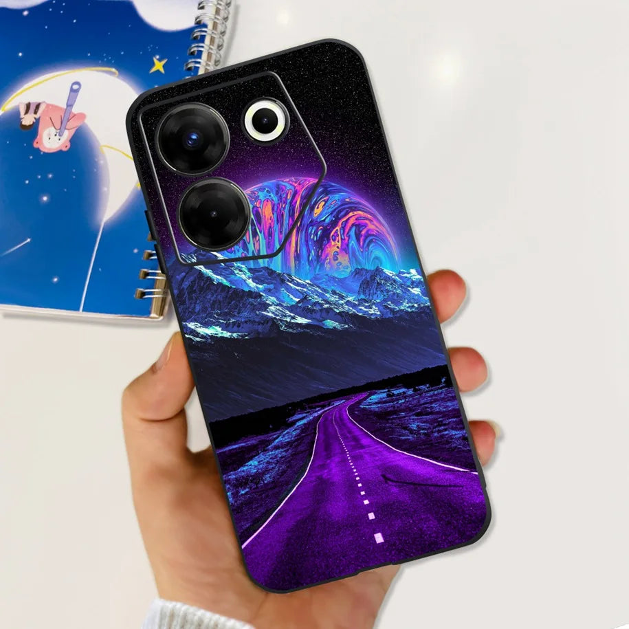 Purple Samsung cover with cosmic galaxy nebula art, held in hand.