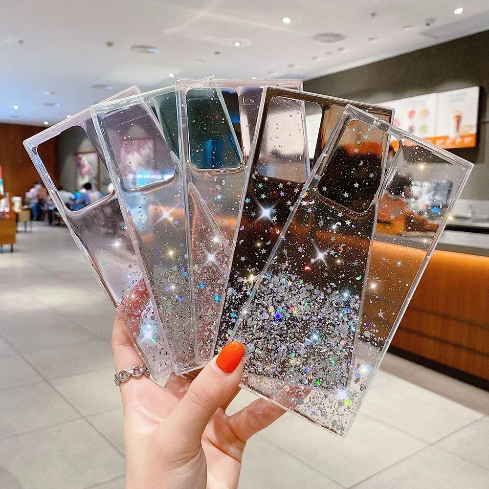 Clear glittering phone case for S20 FE, transparent sparkle.