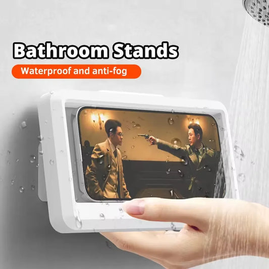 Hand holding a waterproof and anti-fog bathroom stand with a scene on a screen.