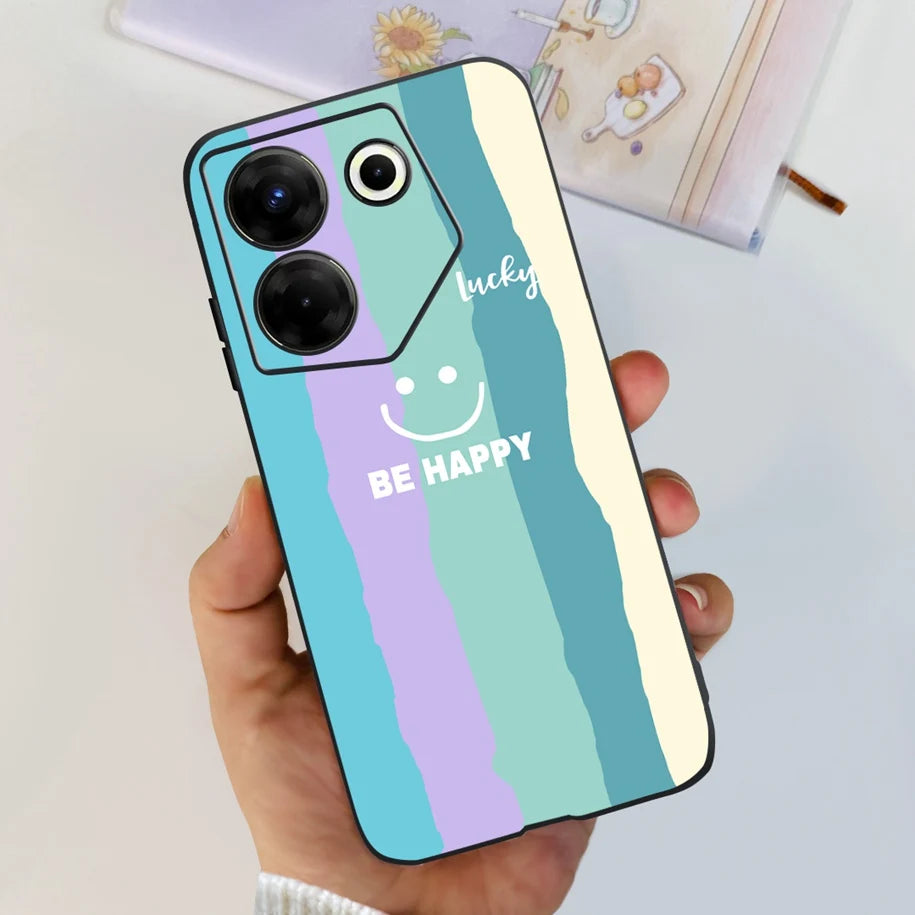 Phone case with smiley face and 'Be Happy' text held by a hand