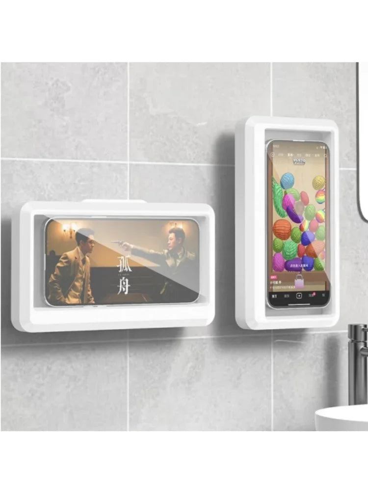Two wall-mounted phone holders with screens displaying images.