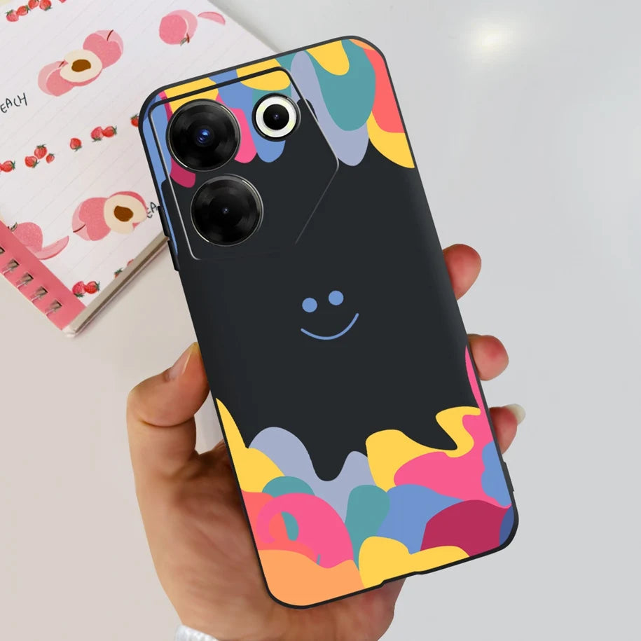 Black Samsung cover with abstract blue wave pattern, held in hand.