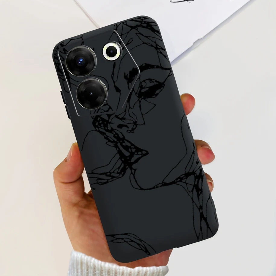 Black Samsung cover with lady's face scale texture design, held in hand.