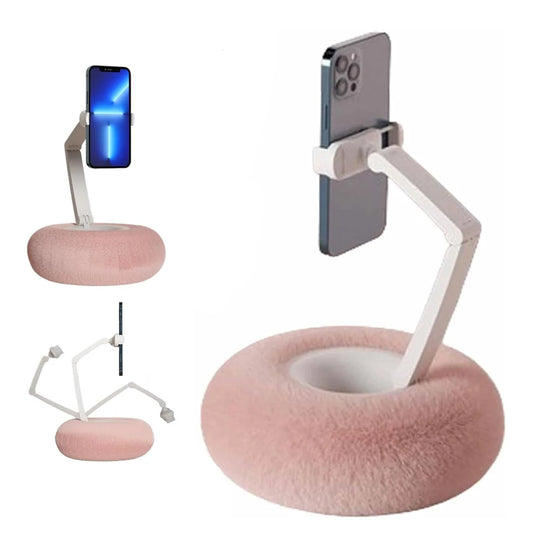 Pink phone holder with adjustable arm on a white background