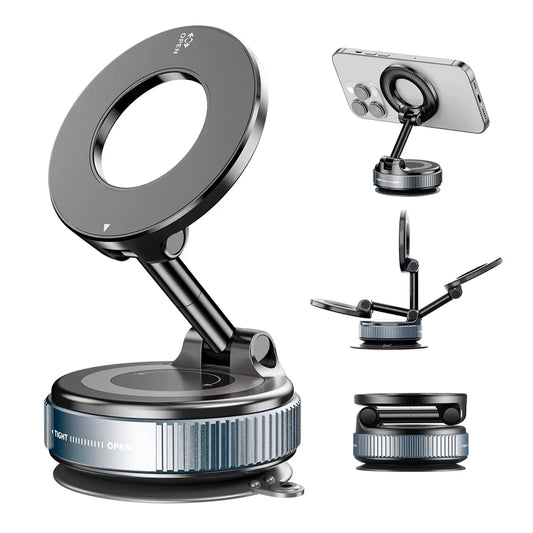 Black magnetic phone stand with ring light, adjustable arm, multi-functional, sleek design.